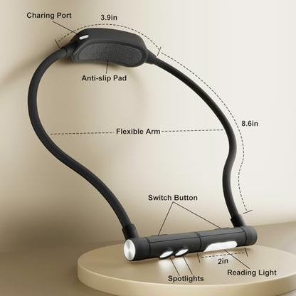 LED Neck Reading Light, Bendable Rechargeable Book Light 110-hr Lasting | Neck Light for Reading in Bed, Craft, Knitting, Cross Stitch, 1800mah, Silicone, Stepless Dimming 3 Colors, Magnetic Lock