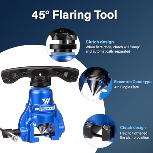 Wisscool Flaring Tool Kit 1/4”-3/4” and 6-19mm, Single 45° (5 in 1 Set) | 6 Dies Eccentric Tubing Flare Tool with Clutch Deburring Tool Cutter for Copper Pipe Tube - size: 5 in 1 Kit