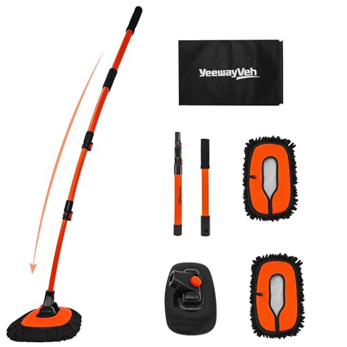 YeewayVeh 55" Car Wash Brush Mop with Long Handle, 15 Degree Curved Extendable Car Wash Brush with Extra Microfiber Mop Head, Soft Car Washing Brushes with Storage Bag for Truck SUV Cleaning, Orange - color: Orange