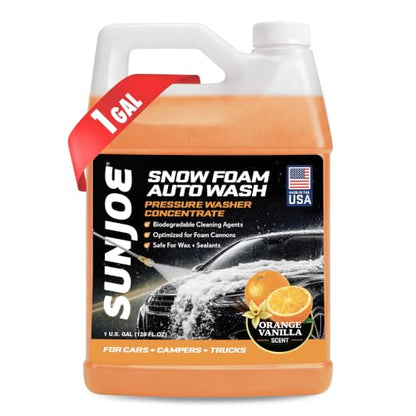 Sun Joe Snow Foam Car Wash Soap & Cleaner Concentrate, Orange Vanilla Scent, 1 Gallon - Cleaning Solution for Automotive Vehicles, Vinyl, Aluminum, Wood, & Brick Surfaces, SPX-FCS1G-COC - style: Orange-Vanilla Car Snow Foam Cleaner