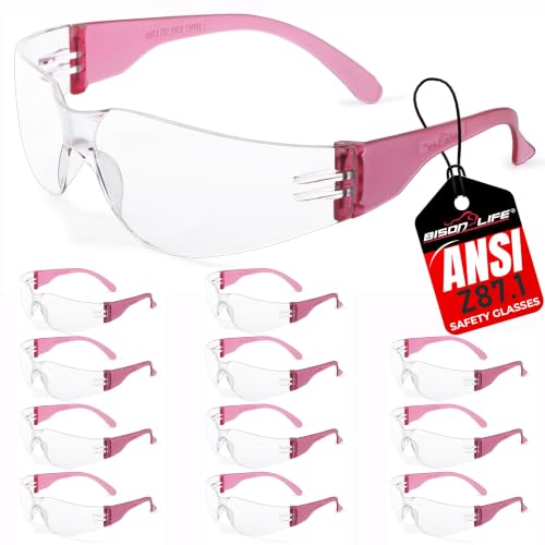 BISON LIFE Clear Safety Glasses – ANSI Z87.1 Certified Scratch & Impact Resistant Eye Protection Goggles for Men & Women - color: Clear/Pink