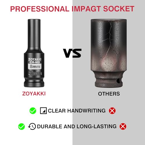8mm Socket 1/2" Drive Deep 6 Pt CR-MO Metric Impact Socket for Axle Shaft Nut Removal - size: 8mm, style: 1/2" Drive Deep
