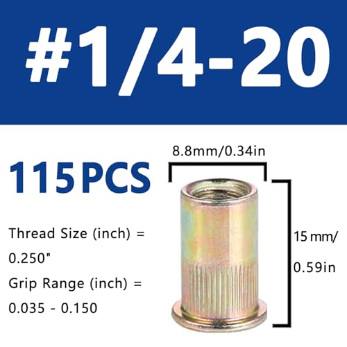 115-Piece 1/4-20 Flat Head Rivet Nut Set, 115Pcs Carbon Steel Zinc Rivet Nuts 1/4-20 Threaded Insert Rivnut, 1/4 UNC Rivets Nutsert, Yellow Zinc Finish - color: Yellow, size: 1/4''-20