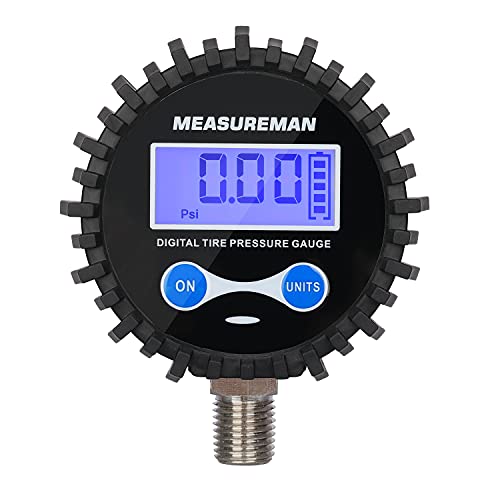 MEASUREMAN 2-1/2" Dial Size Digital Air Pressure Gauge with 1/4'' NPT Bottom Connector and Protective Boot, 0-15psi, Accuracy 1%, Battery Powered - size: Long thread, style: 0-15psi