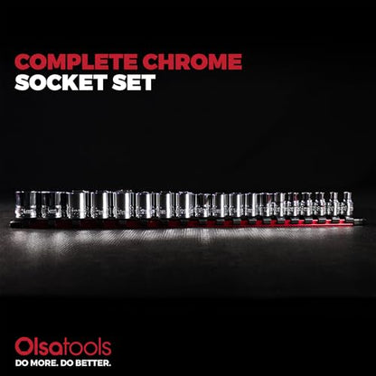 Olsa Tools Metric Shallow Socket Set - 3/8-Inch Drive, 19pc - 6-Point Chrome Sockets from 6mm–24mm and No Skipped Sizes - Mechanic Shallow Metric Socket Set - Professional Grade Sockets - Part: 1328 - color: Metric Shallow, size: 19pc, 3/8-Inch Drive