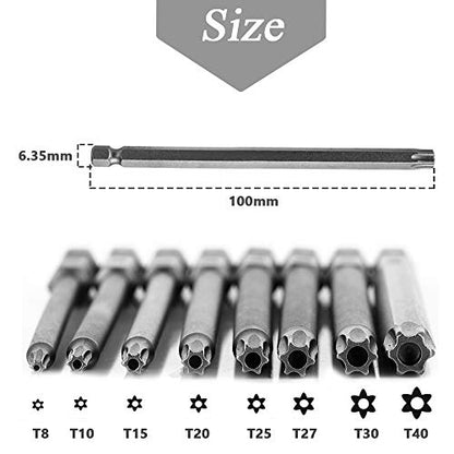 Mesee 8Pcs Magnetic Torx Head Screwdriver Bits with 1/4 Inch Shank, T8-T40 S2 Steel Star Torx Screwdriver Bit Set for Woodworking Home Repairing Tool Accessory - 100mm Length - size: 100mm