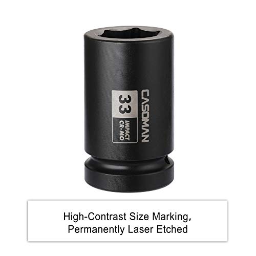 CASOMAN 1-Inch Drive x 33 mm Deep 6 PT Impact Socket, Metric, CR-MO, 1" Drive 6 Point Axle Nut Socket for Easy Removal of Axle Shaft Nuts (33MM) - size: 1-Inch Drive