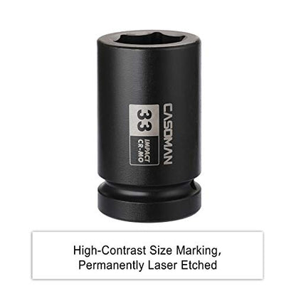 CASOMAN 1-Inch Drive x 33 mm Deep 6 PT Impact Socket, Metric, CR-MO, 1" Drive 6 Point Axle Nut Socket for Easy Removal of Axle Shaft Nuts (33MM) - size: 1-Inch Drive