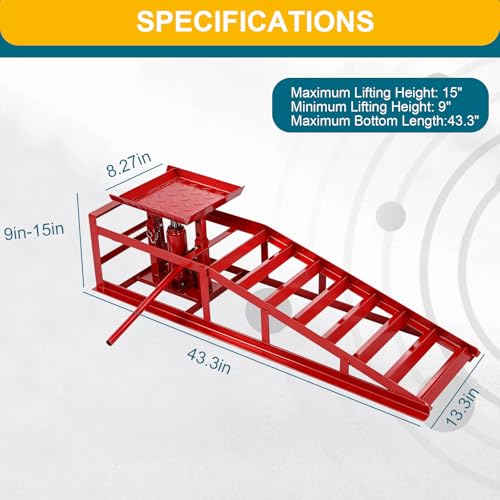 2 Pcs Hydraulic Car Ramps, 5 Ton Heavy Duty Steel Car Lift Ramps with Hydraulic Jack for Oil Changes & Truck Repair, 9" - 15" High Lift, Low Profile Vehicle Lift Service Ramps Truck Trailer（Red） - color: Red(short Style)