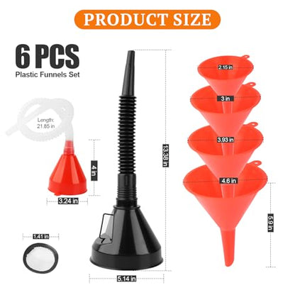 6 Pcs Automotive Funnels Set | Wide Mouth Fuel Funnels with Detachable Spout and Filter, Oil Funnel Kits for Filling Coolant, Engine Oil, Water, Gasoline