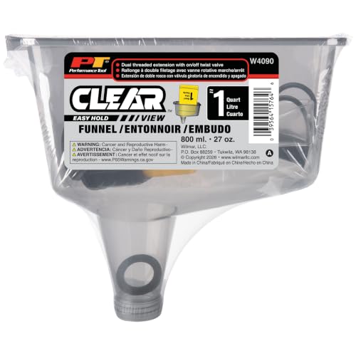 Performance Tool W4090 1 Qt. Flexible Spout Funnel w/On/Off Valve - Transparent Polypropylene, Fits Quart Bottles, Oil, Coolant, Transmission Fluid, Automotive Funnel, Gray