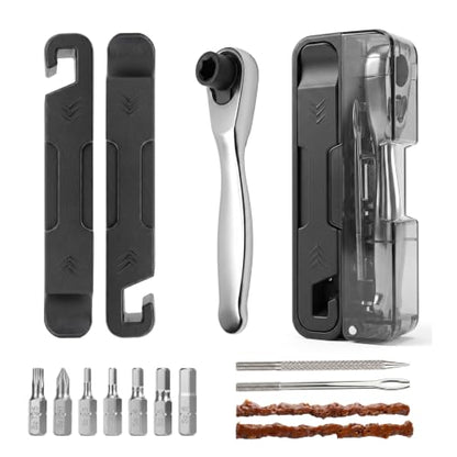 EMERK Bike Repair Tool Kit, Portable Bike Multi Tool with Ratchet Wrench, 7 Bits, Tire Levers & Tubeless Tire Plug Kit for Road, Mountain and E-Bikes