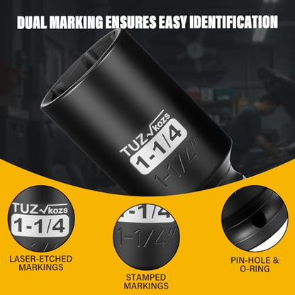 1/2 Inch Drive 1-1/4 Inch Deep SAE 6 Point CR-MO Impact Socket | Radius Corner Design,Square Chamfered Opening,Axle Nut Impact Grade Socket for Easy Removal - size: 1/2” Drive 1-1/4 Deep, style: 1/2" Drive Deep Socket