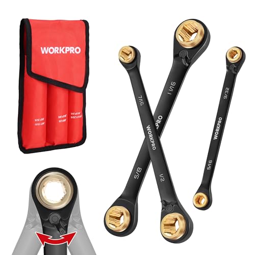 WORKPRO 3-Piece 4-in-1 Reversible Ratcheting Wrench Set, 12 Sizes in 3 Wrenches (1/4"-3/4"), SAE, Anti-Slip, Double Box End, 72-Tooth, CR-V, 6-Point, with Storage Bag - for Repair & Maintenance - style: SAE