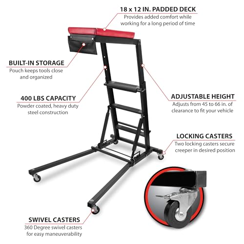 Performance Tool W85038 High Top Adjustable Creeper to Work On Vehicles, Black/Red, 45-66-inch Height - style: High Top Adjustable Creeper
