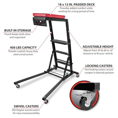Performance Tool W85038 High Top Adjustable Creeper to Work On Vehicles, Black/Red, 45-66-inch Height - style: High Top Adjustable Creeper