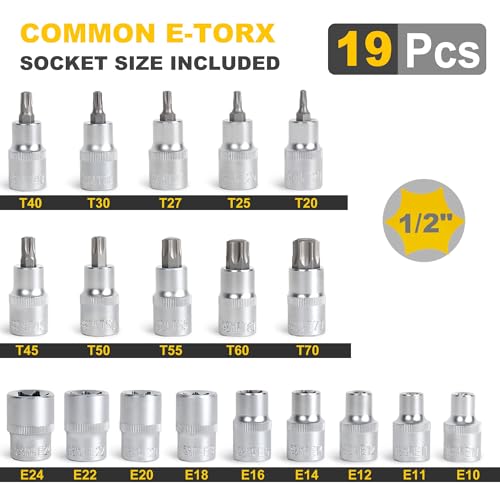 TOPLINE 19-Piece 1/2” Drive E-Torx Socket Set and Torx Bit Socket Set, with Storage case, Premium CR-V Steel, E10-E24, T20-T70, E Socket Set for Mechanic and Home Repair