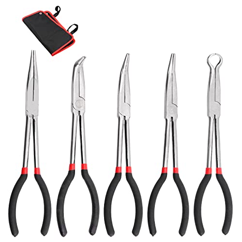 5Pcs 11 inch Long Needle Nose Pliers Set Automotive Heavy Duty Long Reach Hose Pliers - Straight, 25, 45, 90 Degree Angle, Circle for Easy Removing and Installing Spring Clips Lines Hoses