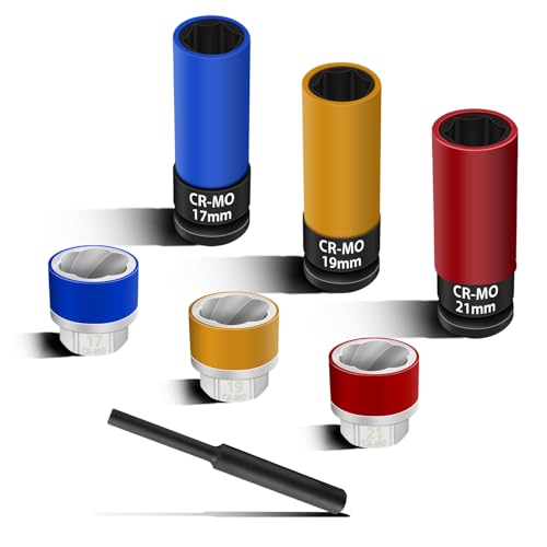 7PCS 1/2" Dr Wheel Protector Impact Socket & Lug Nut Socket Set, 17, 19, 21mm Lug Nut Remover Extractor Tools, 6 Point Non-Marring Lug Nut Thin Wall Deep Socket Wrench, Twist Socket CR-MO