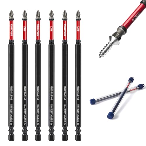 Geinxurn 6Pcs Diamond Coated Impact Screwdriver Bit Set, 6 Inches #2 Phillips Power Driver Bits, Magnetic S2 Steel PH2 Screwdriver Bits Set with Tubes Package - style: 6"-PH2-6PC