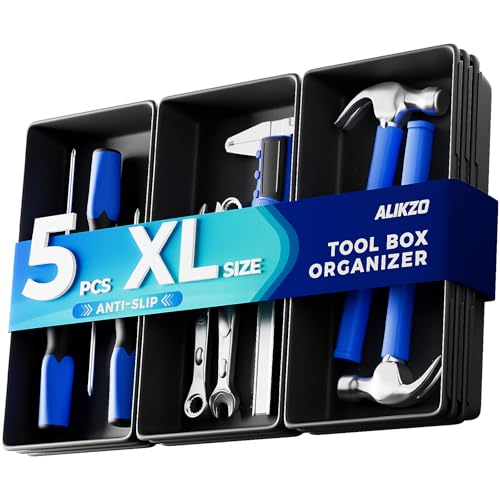 5 PCS Extra Large Toolbox Organizer Trays, Desk Drawer Organizer with EVA Non Slip Pads, Deep Drawer Dividers for Power Tools, Impact Drivers, Cordless Drills, Torque Wrenches (XL_5PCS_Black) - color: XL_5PCS_Black