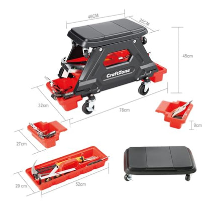 Mechanic Rolling Stool - 300 LBS Heavy Duty Mechanics Roller Seat with Wheels, 360° Swivel Capacity Garage Shop Stool with Locking Casters & Storage Trays, Tools for Automotive Auto Repair