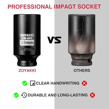 29mm Socket 1/2" Drive Deep 6 Pt CR-MO Metric Impact Socket for Axle Shaft Nut Removal - size: 29mm, style: 1/2" Drive Deep