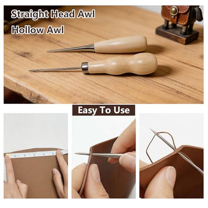 Leather Sewing & Upholstery Repair Kit with 2 Awls, Needles & Waxed Thread | for Stitching and Repairing Car Seats, Sofas, Carpets, Shoes and Bags, ideal for Canvas, Tents and DIY Leather Crafts