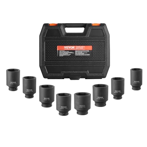 VEVOR Axle Nut Impact Socket Set - 1/2" Drive Deep 6-Point 8-Piece SAE Spindle Nut Socket CR-MO Heat Treated Large Socket Set with Storage Case for Auto Repair, Removing or Installing Axle Nuts - style: 1/2" 8PCS CR-MO