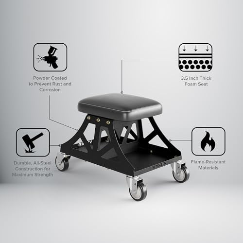 Vyper Low Pro Garage Stool with Removable Seat for Mechanics, Red Frame | Robust steel garage stool with 400 lb capacity, large industrial casters, foam seat, tool tray, and red frame for auto or DIY - color: Black Seat, Red Frame