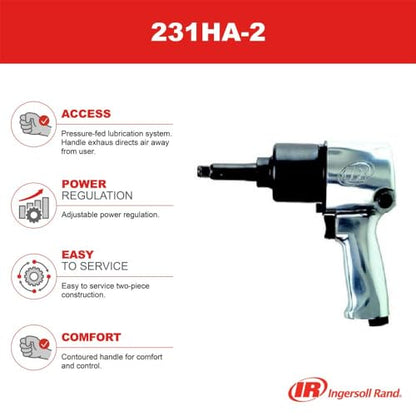 Ingersoll Rand 231HA-2 1/2" Air Impact Wrench, 2" Ext Anvil, Super Duty, 600 ft-lb Torque, Friction Ring Retainer, Pistol - size: 1/2" Impact - Extended Anvil