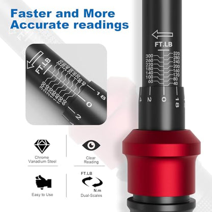 SUERCUP Torque Wrench 1/2-Inch Drive, 40-320Ft.Lb, for Motorcycle & Auto | 4.2-433.6Nm, 72-T Dual-Direction, ±3% Accuracy, Click Alert, for Car Lug Nuts, Engine, Suspension, Moto & Machinery Bolt - size: 1/2" 40-320FT.LB/54.2-433.6N.m