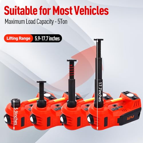 Trihelper Electric Car Jack 5 Ton 12V Floor Jack Hydraulic Jack Stand Car Lift Jack with Integrated Tire Pump for SUV Truck Sedan Vehicle Roadside Emergency Tire Change | Lift Range 5.9-17.7in, Fits Sedan SUV MPV Truck, 150 PSI Gauge, Blue Red Flashing Li