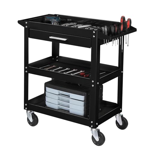 TUFFIOM 3 Tier Rolling Tool Cart on Wheels with Drawer, 330 LBS Capacity, Heavy Duty Commercial Utility Tool Service Cart, Tool Organizer for Mechanic, Garage, Warehouse & Repair Shop - color: Black(3-tier-with Drawer)