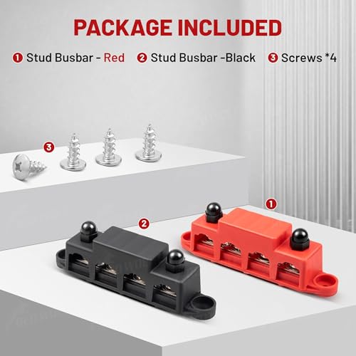 RED WOLF Bar Bus 4 x 3/8" Power Distribution Block, 3 x #8(M4) Screws Terminals Max 48V 150A Power Distribution Block Battery Buss Bar with Cover for Marine Automotive Solar Wiring