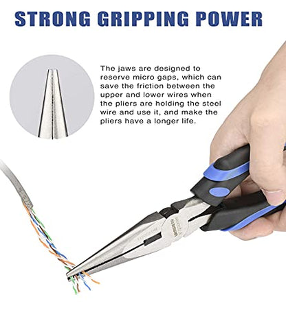 URASISTO 8-Inch Long Needle-Nose Side Cutting Pliers with Heavy Duty Nickel Chromium Steel Construction - size: 8" Long Nose Pliers