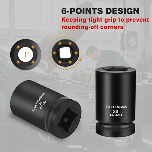 2 PCS 1-Inch Drive 33mm Deep Impact Socket Set,6-Point Axle Nut Socket for Easy Removal of Axle Shaft Nuts,Metric, CR-MO Steel