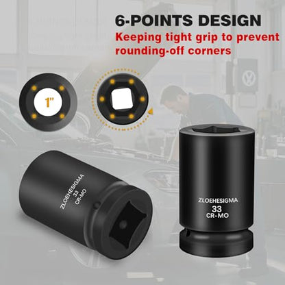 2 PCS 1-Inch Drive 33mm Deep Impact Socket Set,6-Point Axle Nut Socket for Easy Removal of Axle Shaft Nuts,Metric, CR-MO Steel
