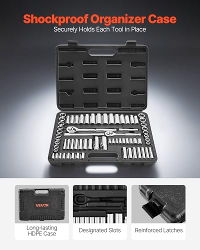 VEVOR Socket Set, 69 Pieces, 3/8 & 1/4 inch Drive Socket and Ratchet Set, SAE and Metric, Deep and Standard, Mechanic Tool Kit with Accessories and Storage Case, CR-V Alloy Steel, for Auto Repair - size: 1/4"&3/8", style: 69 PCS