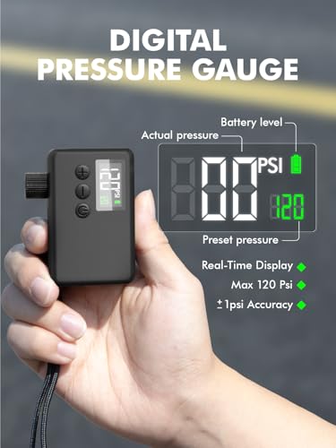 GPUTEK Mini Bike Pump Electric for Presta and Schrader Valves Bicycle Tire | Fast Inflate, Portable, 120 PSI Air Pressure, with Digital Gauge for Road Bike, Mountain Bike, E-Bike