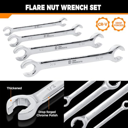 Der Erwachte 4-Piece Flare Nut Wrench Set, SAE, Brake Line Wrench | 1/4, 5/16, 3/8, 7/16, 1/2, 9/16, 5/8, 11/16-inch, Professional Offset Heads Spanner, Portable Organizer Pouch Included - size: 4PC SAE