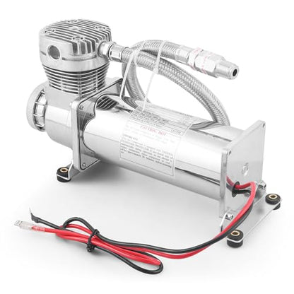 200PSI Air Ride Suspension Compressor with 3/8 NPT Hose Kit, Heavy Duty 12V 480C Air Compressor Pump for Train Horn & Air Bag Suspension, Chrome Silver Fit for Truck & Car