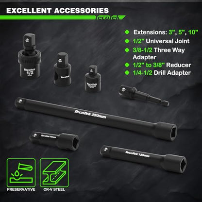 TecoTek 1/2" Drive Deep Impact Socket Set, 38-Piece Socket Set SAE 3/8 to 1-1/4 inch and Metric 10-32mm Size, Includes Extension Bars, Universal Joint, Adapter and Ratchet Handle, 6 Point, Cr-V Steel - size: 1/2" Drive 38pcs Impact Socket Set