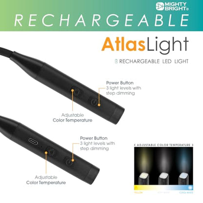 Mighty Bright Atlas Rechargeable Neck Light, 12 LED, 3 Color Temperatures, USB-C Charging Cable Included (Black) - color: Black
