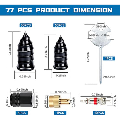 77 PCS 3 in 1 Tire Repair Screws Tire Plug Kit Valve Stem Tool Dust Caps | Roadside Emergency Flat Tire Repair, Fast Self-Service Tool Tire Plugs Valve Stem Tool Dust Caps, For Car Motorcycle Truck - size: 77 PCS