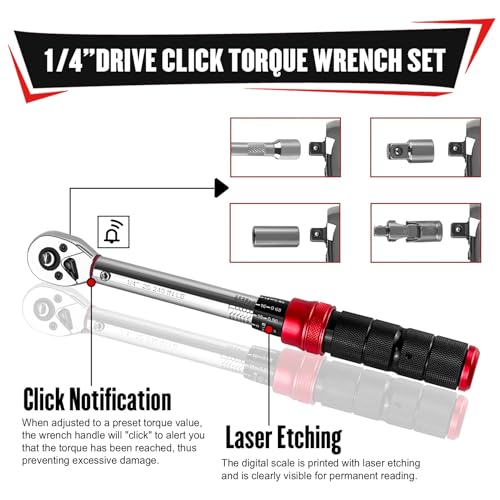 YIYITOOLS 27Pcs 1/4 Inch Drive Click Torque Wrench Set, Bike Maintenance Kit with Bit Sockets, Adapter, Universal Joint & Extension Bar, 2.3-27.1NM (20-240IN.LB) ±3% Precision