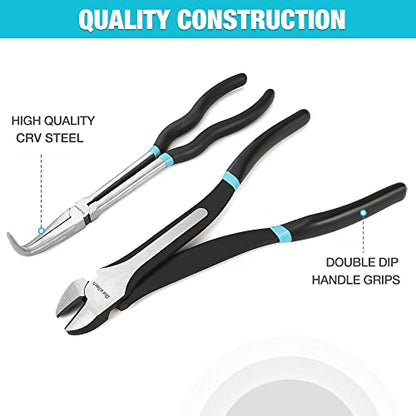 DURATECH 4 PCS Extra Long Needle Nose Pliers Set, Premium CRV Steel, 11" Long Reach Straight & 90° Bent Nose & 45°Bent Nose & Diagonal Pliers for Hard-to-Reach Narrow Spaces