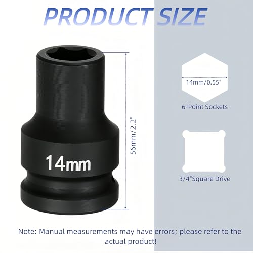 3/4"Drive x 14mm Metric, 6-Point Deep Impact Socket, Axle Nut Impact Socket | 40CR Alloy Steel,Clear labeling, Common Tools for Car Repair/Mechanical Work/Construction/Carpentry and Home Maintenance - size: 14mm