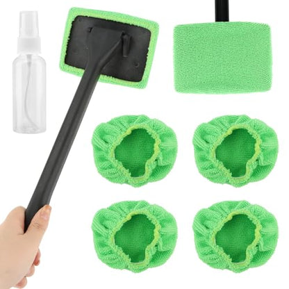 Car Windshield Cleaning Tool, Windshield Cleaner with 5 Reusable Microfiber Pads and Extendable Handle, Auto Glass Wiper Kit for Interior/Exterior Dirty Car Windows(Color:Green)