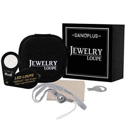 10x Magnifier Jewelry Loupe LED UV 21mm Triplet Lens Optical Glass Pocket Gem Magnifying Tool Jeweler, Stamp Philatelist, Coin Numismatic